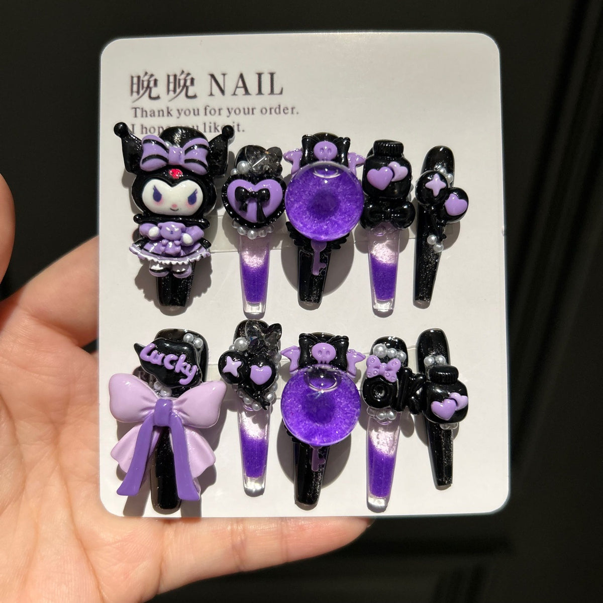 Handmade Black Purple Gradient Long Stiletto Press On Nails with 3D Kuromi, Heart & Shaker Bubble Charms