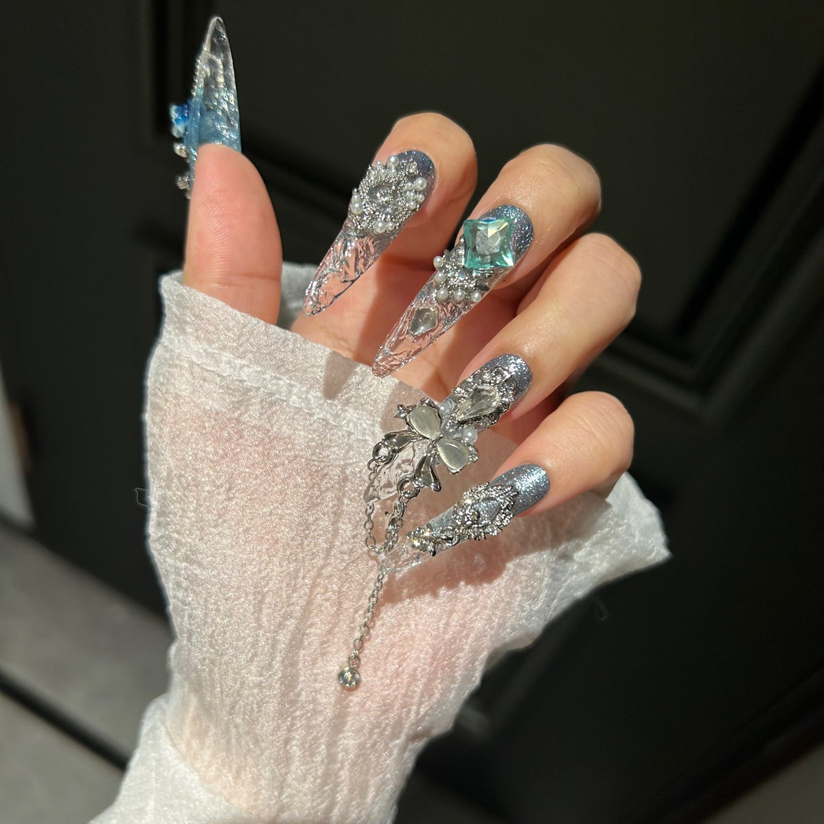 Handmade Blue Glitter Gradient Long Stiletto Press On Nails with 3D Blue Roses, AB Crystals & Dangling Chain Charms