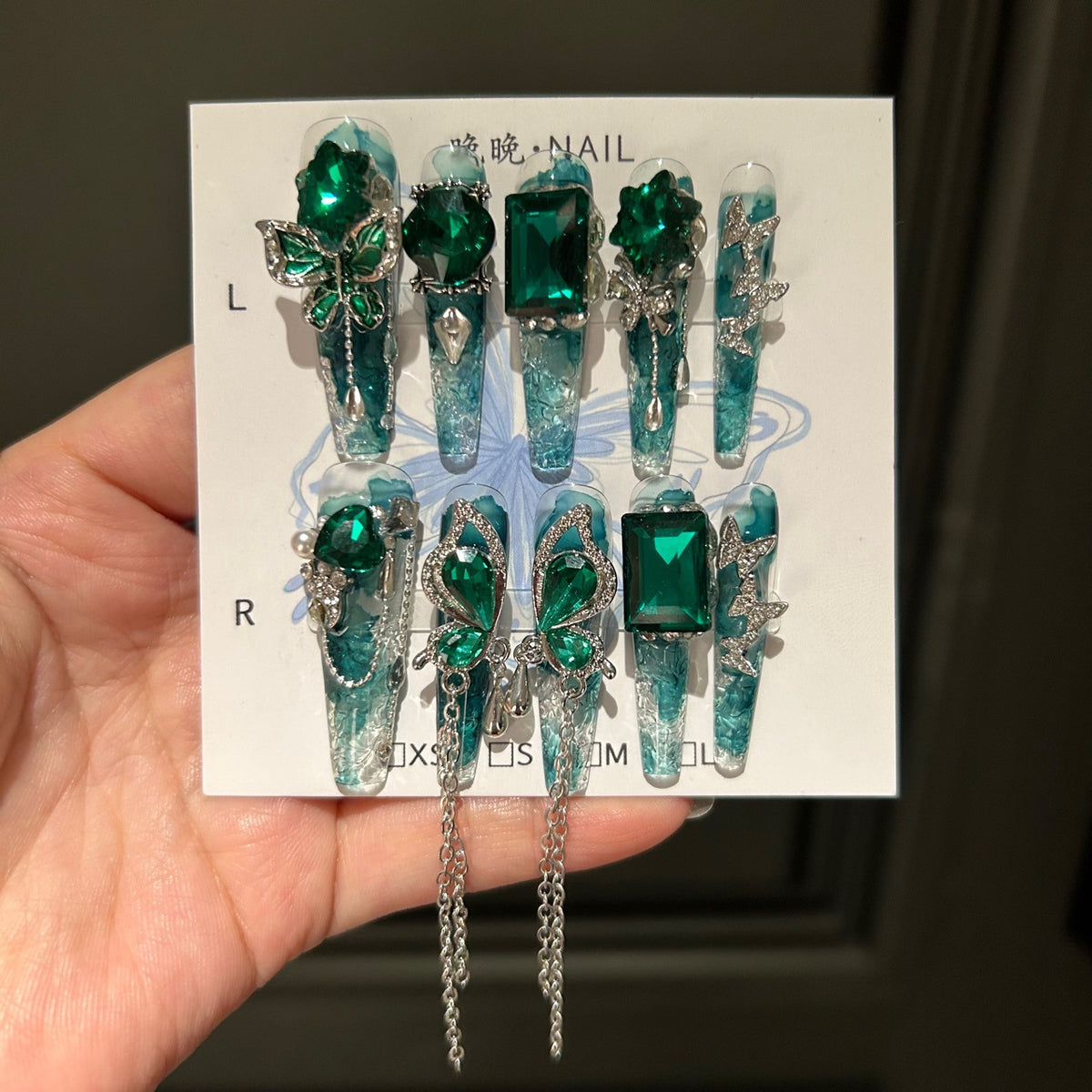 Handmade Teal Ink Wash Clear Long Stiletto Press On Nails with Giant Emerald Green Crystals, Green Butterfly Charms, Rhinestones & Long Dangling Silver Chains