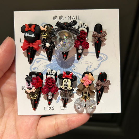 Dark & Red Stiletto Press-on Nails with 3D Mickey Minnie, Glitter Snow Globe, Red Roses, Brown Bow, and Crystal Bell Charms - Y2K Gothic Kawaii Fake Nail Set