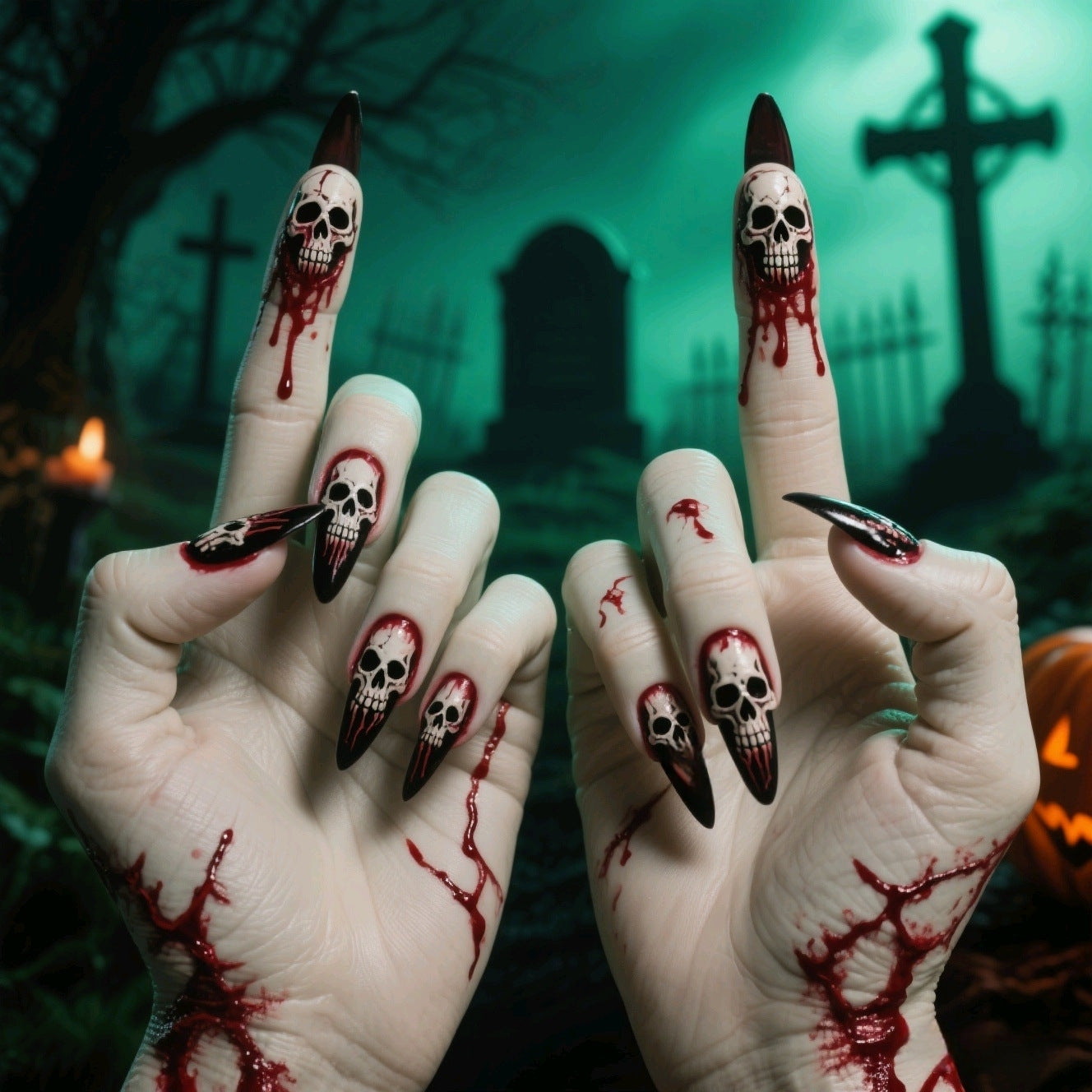 New Halloween fake nail patch soft cute ghost pumpkin lamp bat skull manicure wear armor