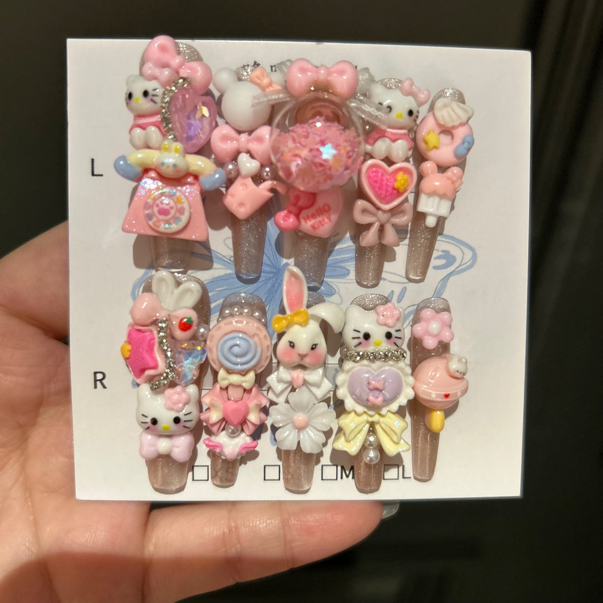 Handmade Pink Kawaii 3D Cartoon Long Stiletto Press On Nails with Hello Kitty, Bunny, Candy & Shaker Bubble Charms