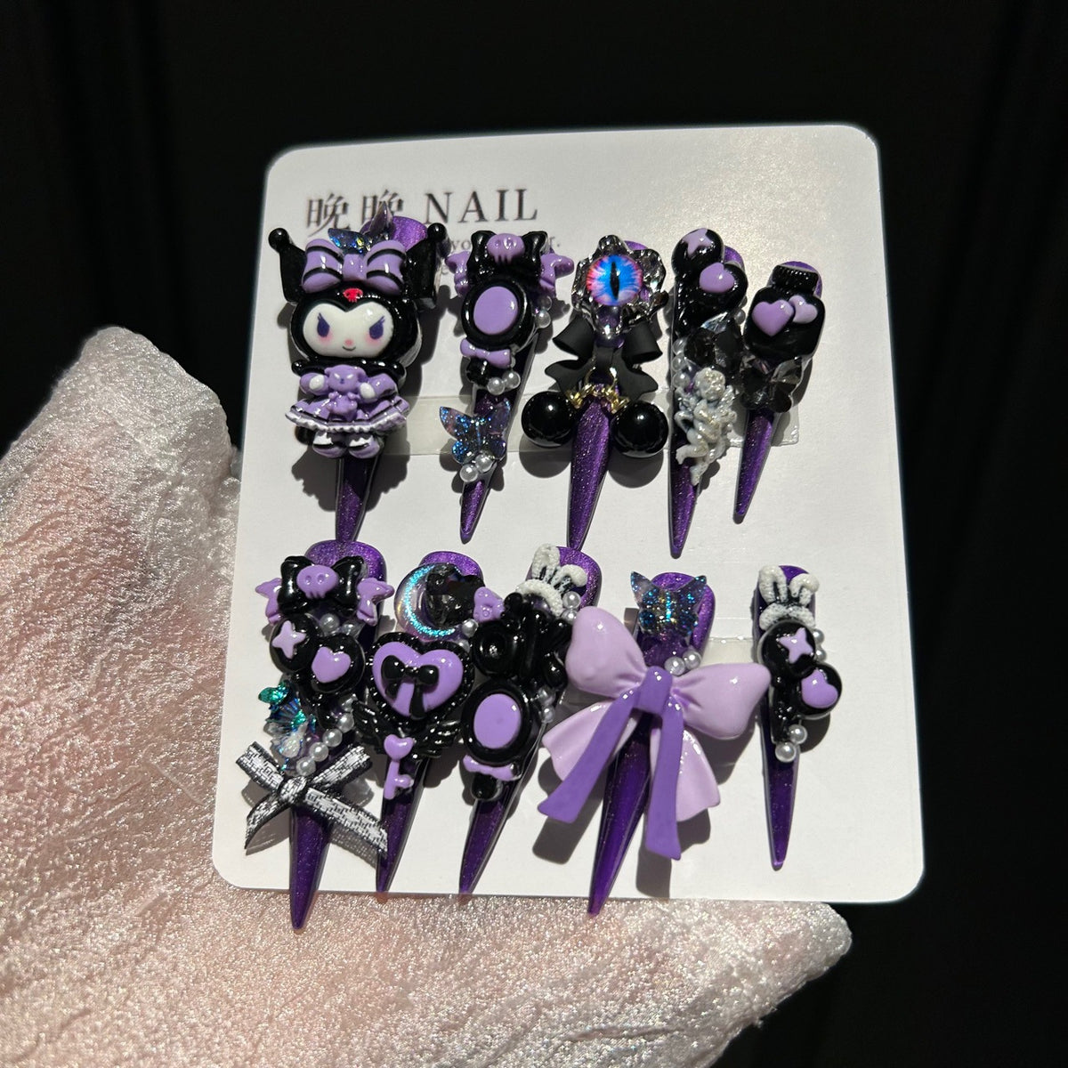 Handmade Purple Black Long Stiletto Press On Nails with 3D Kuromi Charms, Evil Eye, Bows, Skulls & Butterfly Rhinestones