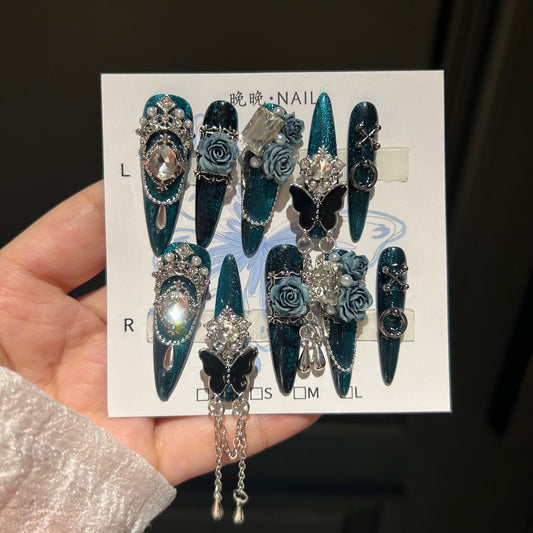 Handmade Teal Glitter Long Stiletto Press On Nails with Dusty Blue 3D Roses, Black Butterfly & Crystal Tassel Charms