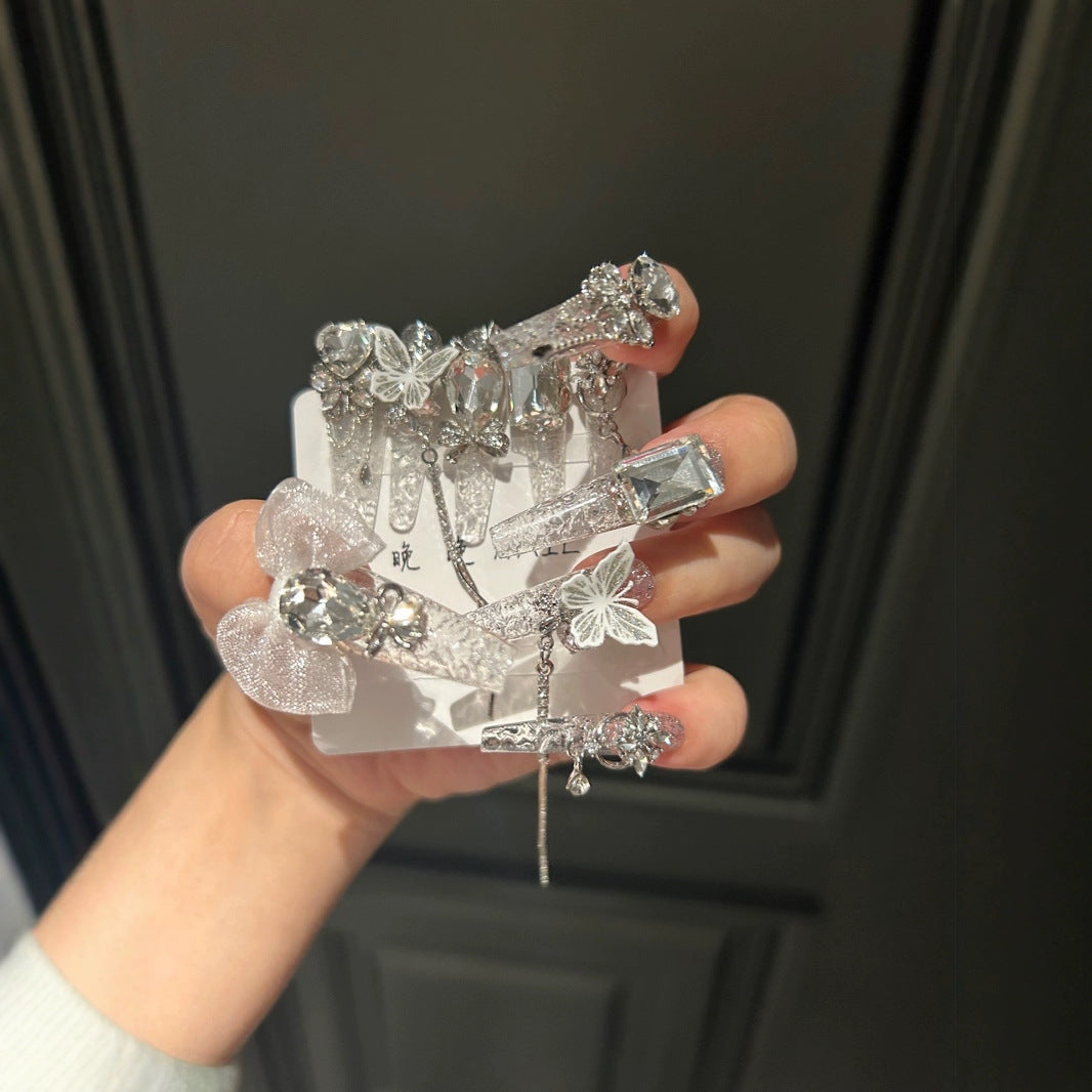 Silver Glitter Coffin Press-on Nails with 3D Mesh Bowknot, Crystal Rhinestone, and Hanging Chain Charms - Luxury Fairy Fake Nail Set
