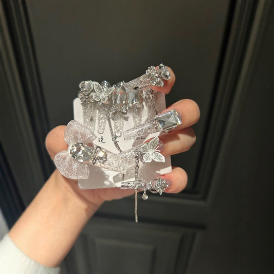 Silver Glitter Coffin Press-on Nails with 3D Mesh Bowknot, Crystal Rhinestone, and Hanging Chain Charms - Luxury Fairy Fake Nail Set