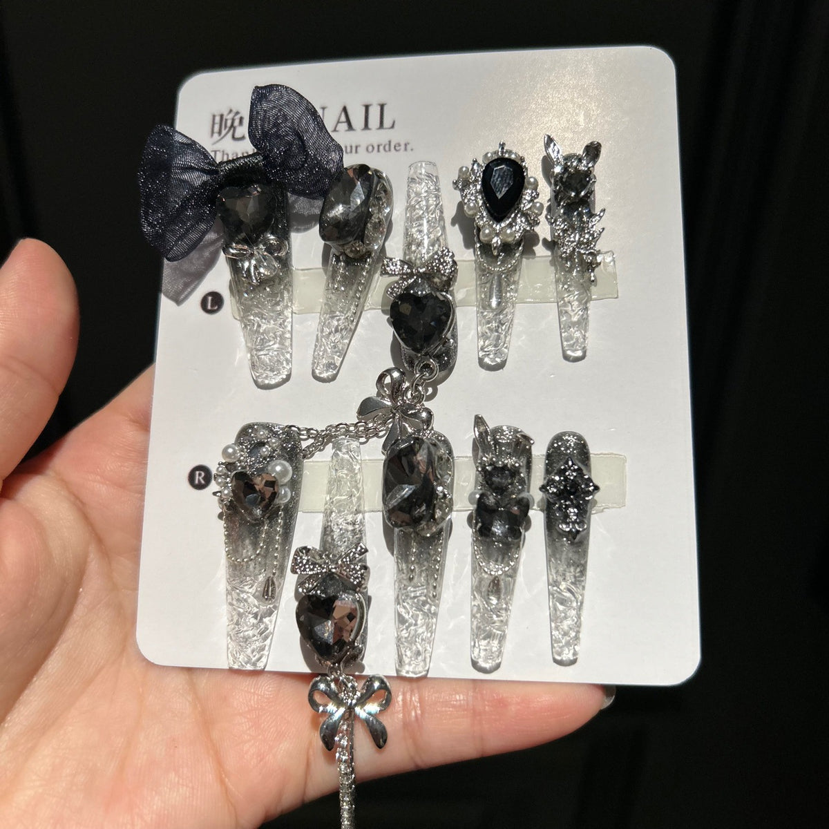 Handmade Clear Crackle Long Stiletto Press On Nails with Black Heart Crystals, Dark Mesh Bows, Silver Bunny Charms & Silver Chain Tassels
