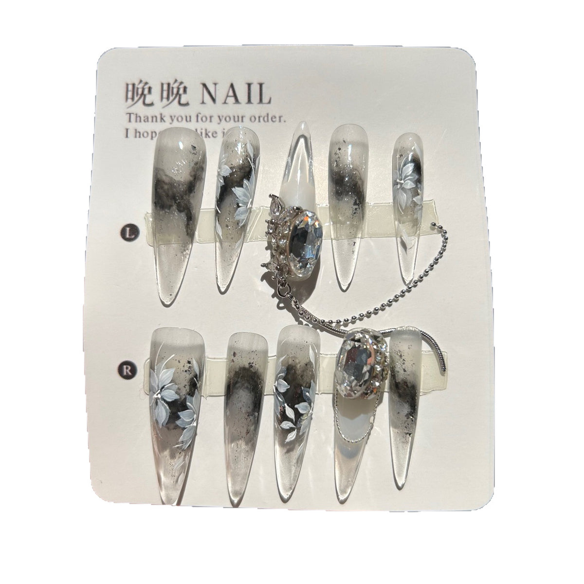 Handmade Ink Wash Black Grey Ombre Long Stiletto Press On Nails with Hand Painted White Flowers, Giant Oval Crystals & Silver Chain Tassels