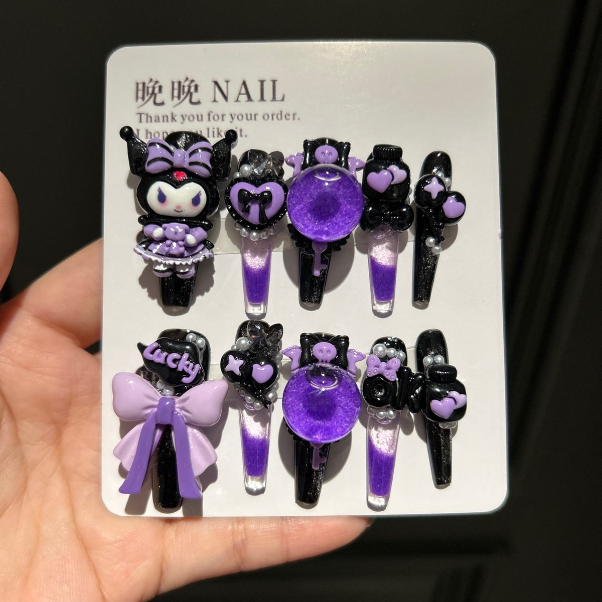 Handmade Black Purple Gradient Long Stiletto Press On Nails with 3D Kuromi, Heart & Shaker Bubble Charms