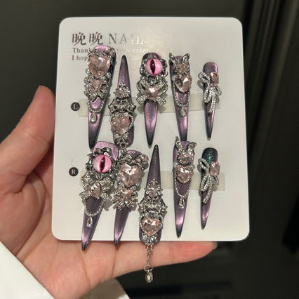 Handmade Dark Purple Metallic Long Stiletto Press On Nails with Pink Evil Eye Charms, Giant Pink Heart Crystals, Rhinestone Clusters & Dangling Silver Chains