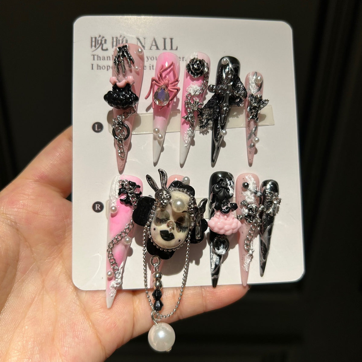 Handmade Pink Black Ombre Long Stiletto Press On Nails, Gothic Bunny Skull Spider False Nails with 3D Rose, Pearls & Dangling Chains