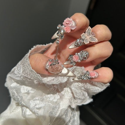Handmade Champagne Cat Eye Long Stiletto Press On Nails with 3D Pink Roses, Lace Butterfly & Rhinestone Chain Charms