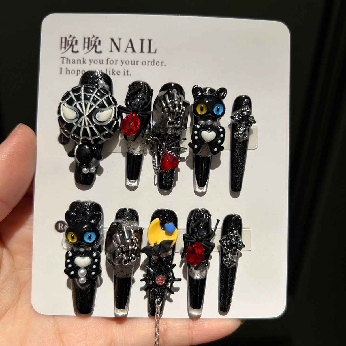 Handmade Black Glitter Long Coffin Press On Nails with 3D Black Cat, Spider, Bat, Skeleton Hand Charms, Red Crystals & Chain Tassels