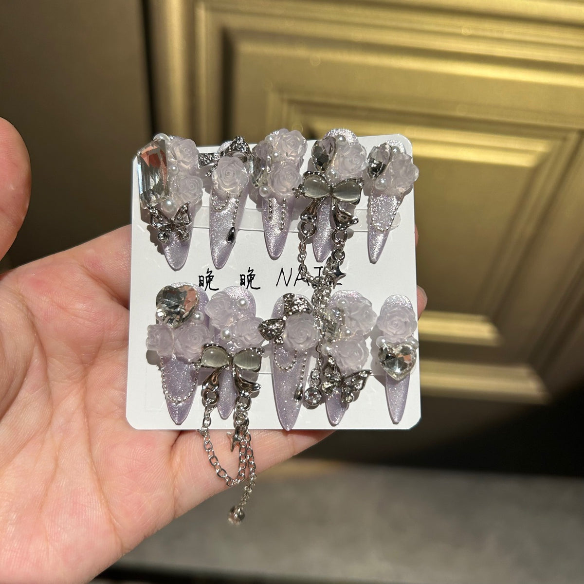 Handmade Pale Lavender 3D Rose Long Coffin Press On Nails with Bow, Crystals & Dangling Chains