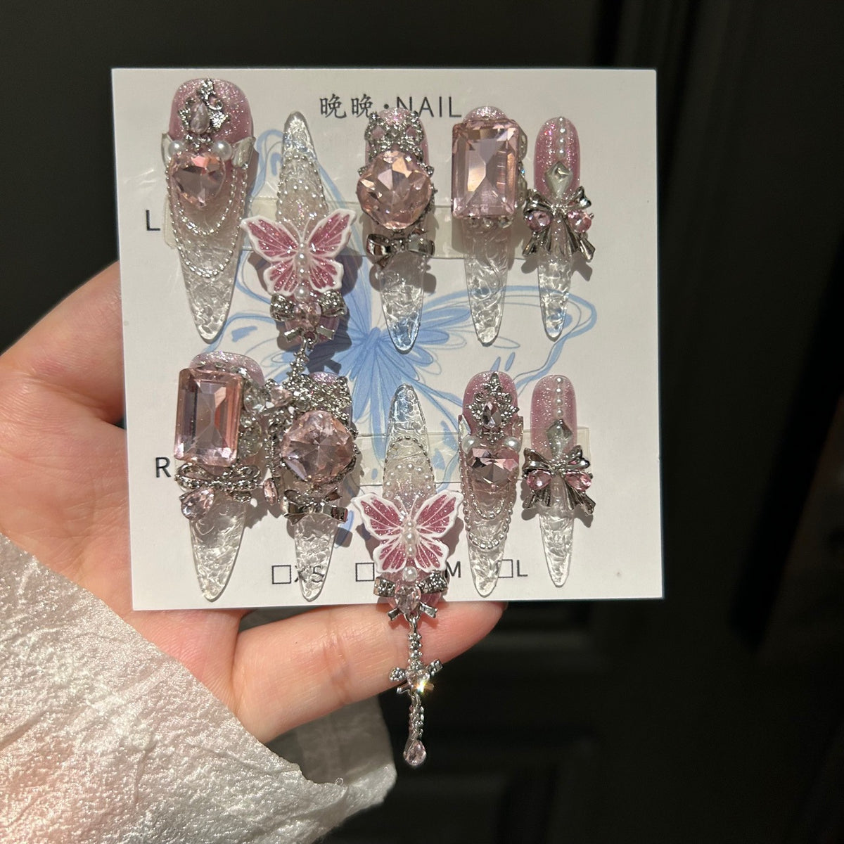 Handmade Clear Pink Lace Long Stiletto Press On Nails with Large Pink Crystals, Pink Butterfly Charms, Pearl Accents & Silver Rhinestone Chains