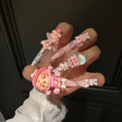 Handcrafted Luxury Kawaii Press-on Nails - Sweet Pink Theme with 3D Anime Figures, Bunnies and Bows