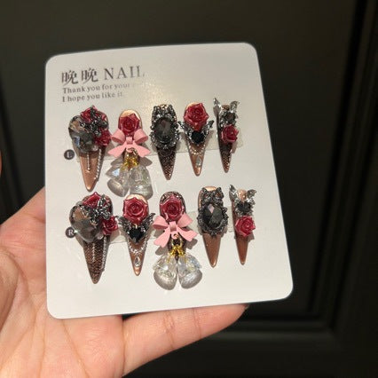 Handmade Brown Cat Eye Press On Nails | Luxury Heavy Industry 3D Red Rose, Pink Bow & Hanging Charms Reusable Fake Nails, Goth Art