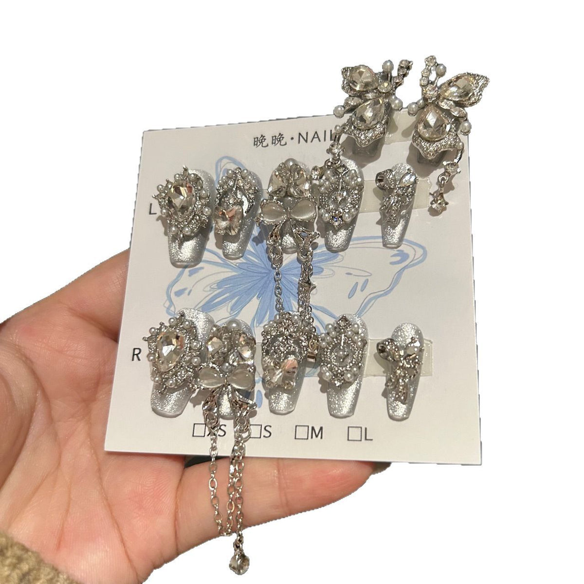 Handmade Silver Cat Eye Long Coffin Press On Nails with Giant Rhinestone Butterfly, Pearls & Dangling Chain Charms