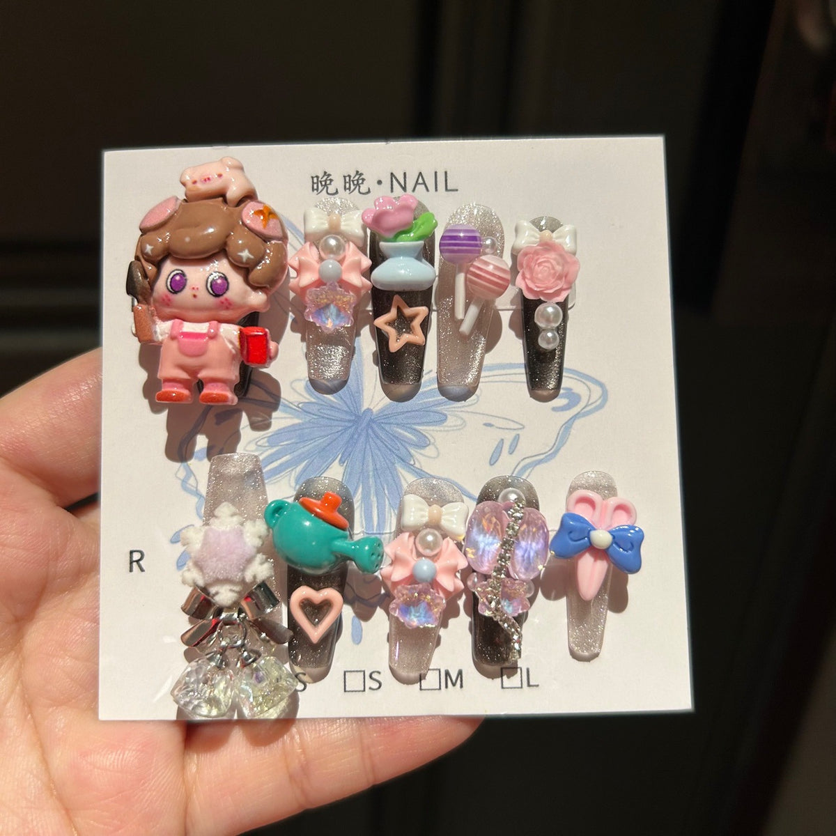 Handmade Black Glitter Long Square Press On Nails with 3D Cartoon Doll Resin Charms, Teapot, Tulip, Lollipop, Roses, Bows & Rhinestone Accents