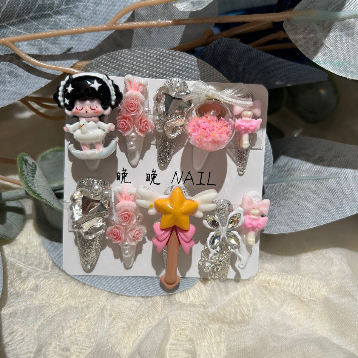 Handmade Kawaii Silver Glitter Long Stiletto Press On Nails with 3D Cartoon Doll, Magic Wand, Pink Roses & Floating Shaker Ball Charms