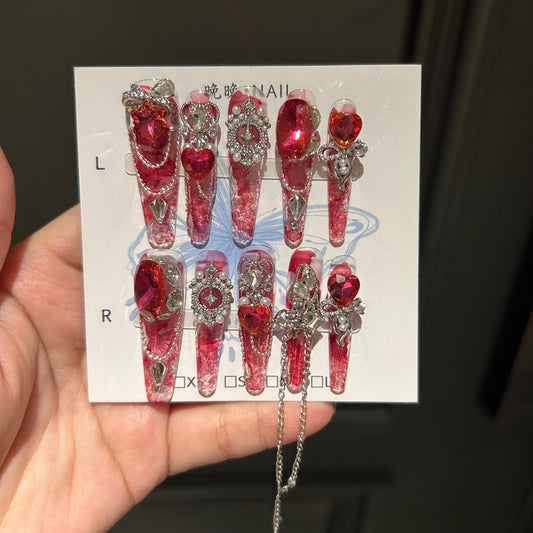 Handmade Red Crystal Long Stiletto Press On Nails, Red Heart Gem False Nails with Silver Ornaments, Pearls & Dangling Chains