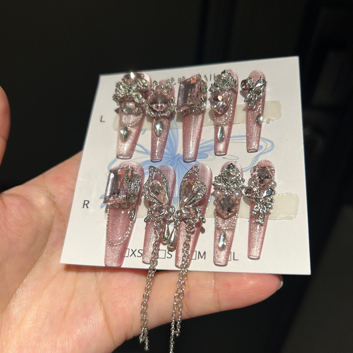 Handmade Pink Glitter Butterfly Crystal Long Coffin Press On Nails with Rhinestone Chains