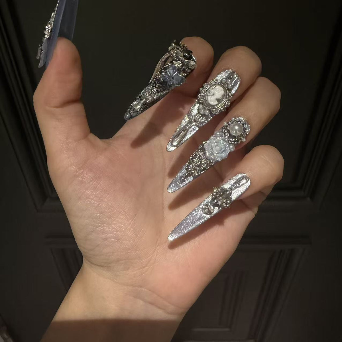 Handmade Silver Blue Cat Eye Long Stiletto Press On Nails with Vintage Portrait Cameo & Blue Rose Charms