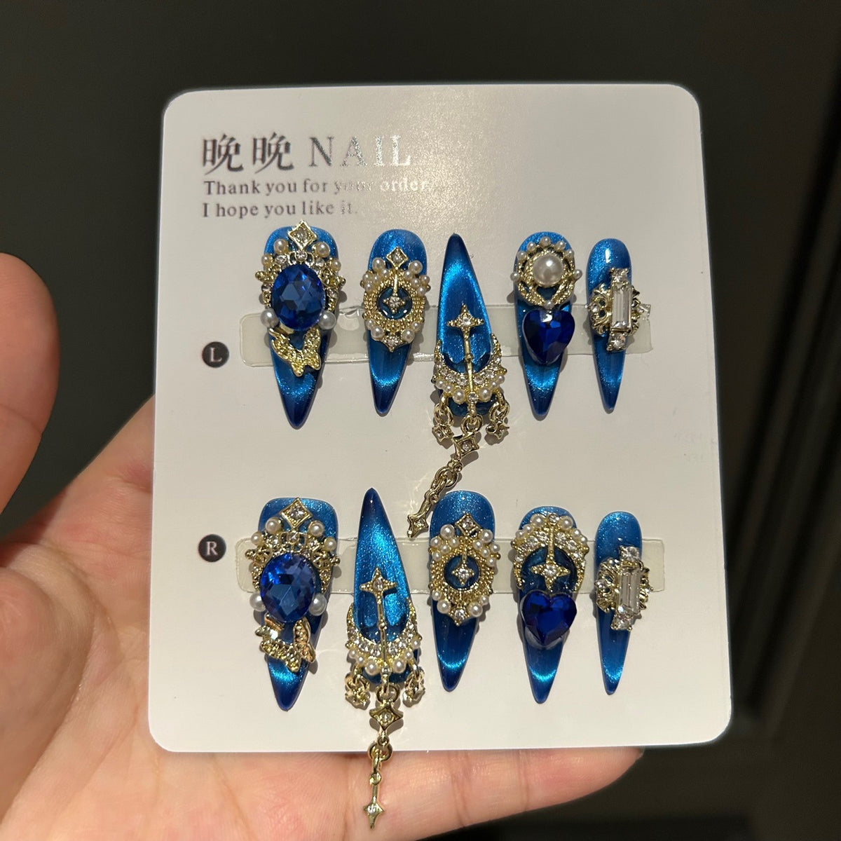 Handmade Sapphire Blue Cat Eye Long Coffin Press On Nails with Large Sapphire Crystals, Gold Star & Butterfly Charms, Pearls & Dangling Gold Chains