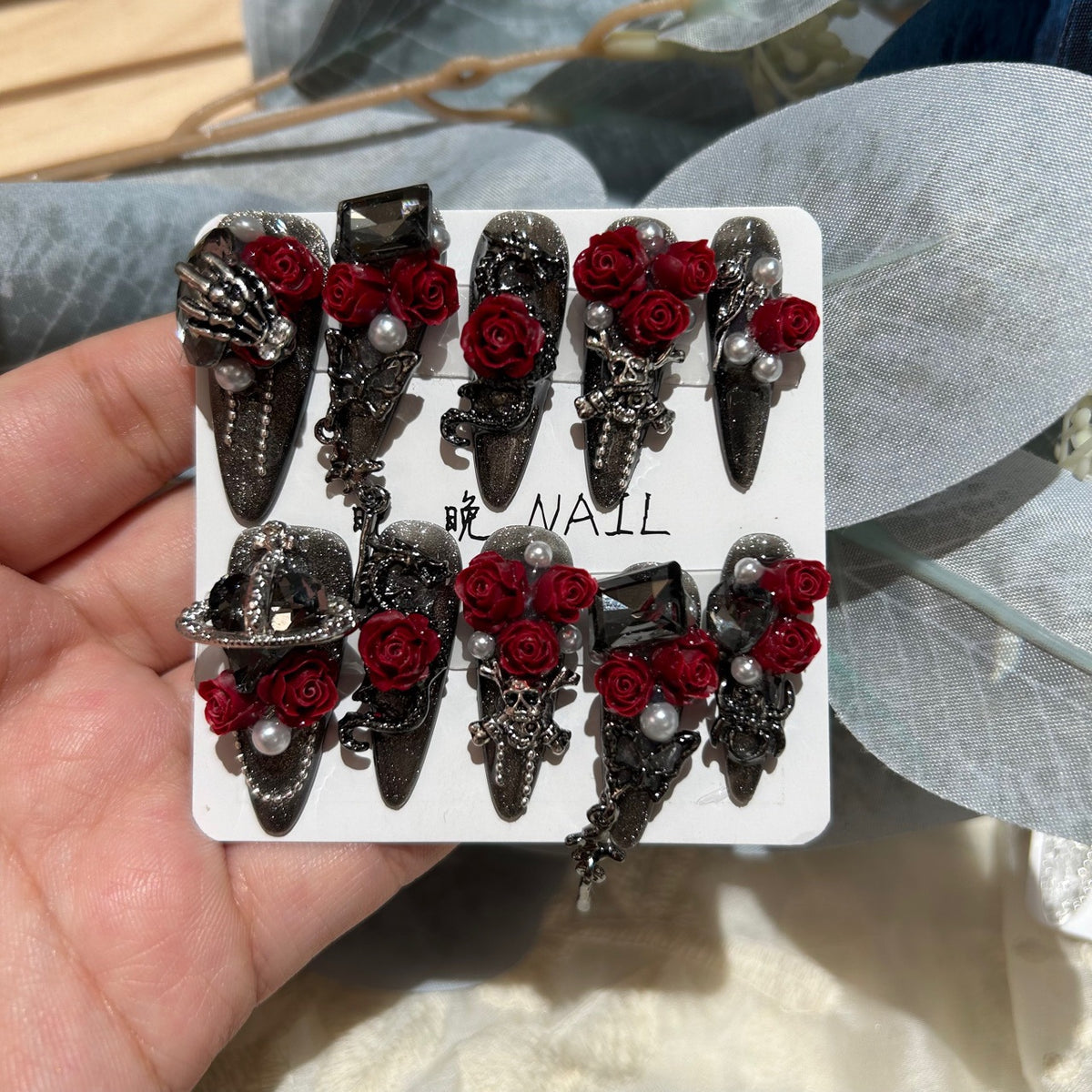 Handcrafted Designer Dark Aesthetic Press-on Nails - Shimmering Cat Eye Base with Heavy 3D Red Roses, Skull Art and Crystals