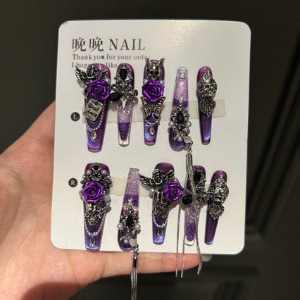 Dark Purple Cat Eye Coffin Press-on Nails with 3D Purple Rose, Angel, Skull Charms, and Good Luck Tag - Gothic Glam Fake Nail Set