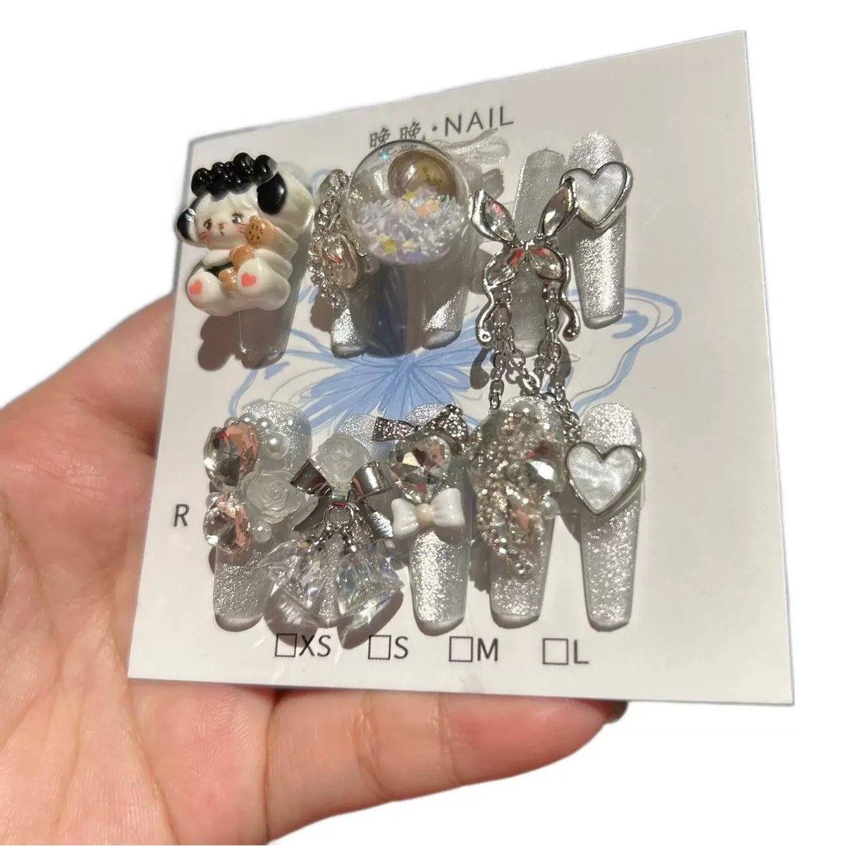 Handcrafted Designer Y2K Press-on Nails - Shimmering Cat Eye Base with Heavy 3D Anime Puppy, Floating Glitter Ball and Rhinestones