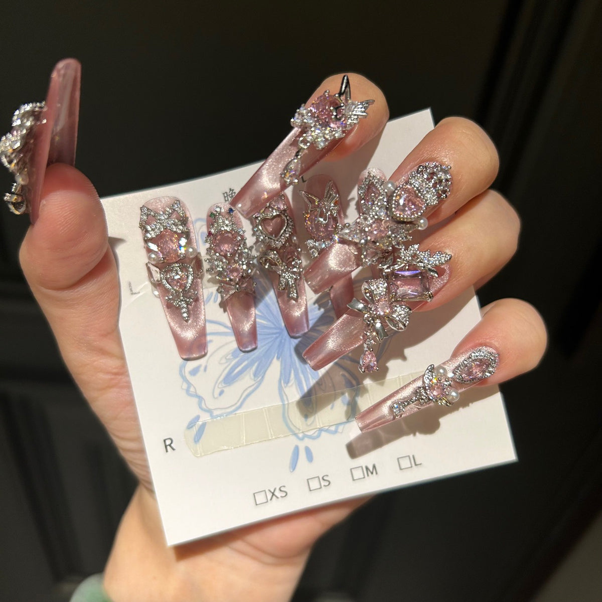 Handmade Pink Cat Eye Long Coffin Press On Nails with Large Pink Heart Crystals, Silver Rhinestone Crown & Butterfly Charms, Pearl Accents