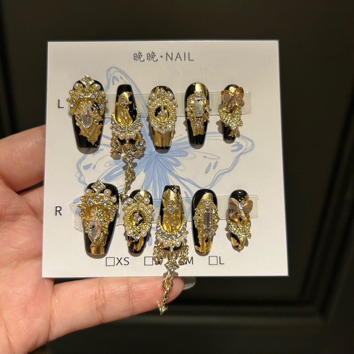 Handmade Black Gold Foil Long Coffin Press On Nails with Gold Butterfly Charms, Luxury Crystal & Pearl Clusters, Dangling Gold Chains