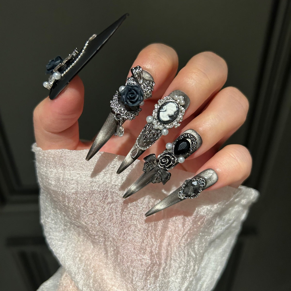 Handmade Gunmetal Metallic Long Stiletto Press On Nails with 3D Black Roses, Vintage Cameo Portrait Charms, Rhinestone Bows, Pearls & Crystal Drops