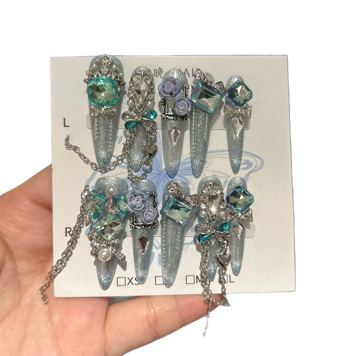 Handmade Light Blue Glitter Purple Rose Long Stiletto Press On Nails with Teal Crystals & Dangling Chains