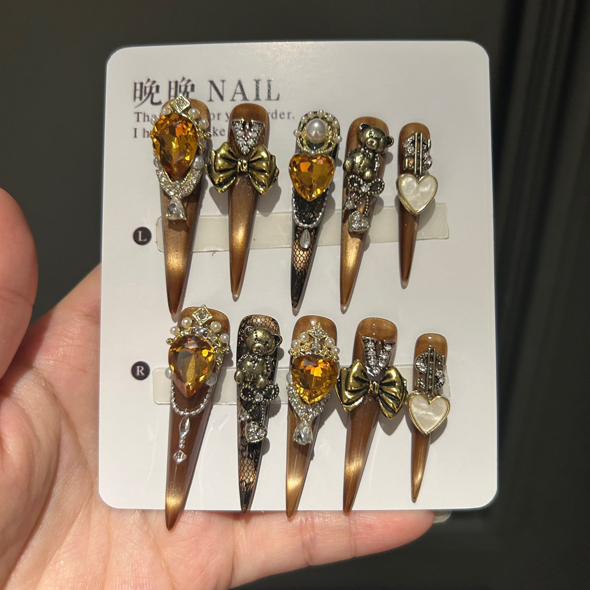 Handmade Bronze Metallic Long Stiletto Press On Nails with Amber Heart Crystals, Vintage Bear Charms, Antique Gold Bows, Lace Details & Pearls