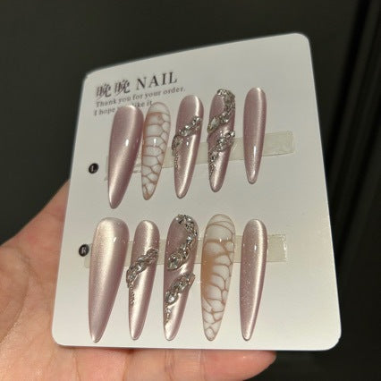 Handmade Nude Pink Cat Eye Press On Nails | Luxury Heavy Industry Snake Skin & Rhinestone Reusable Fake Nails, Edgy Nail Art