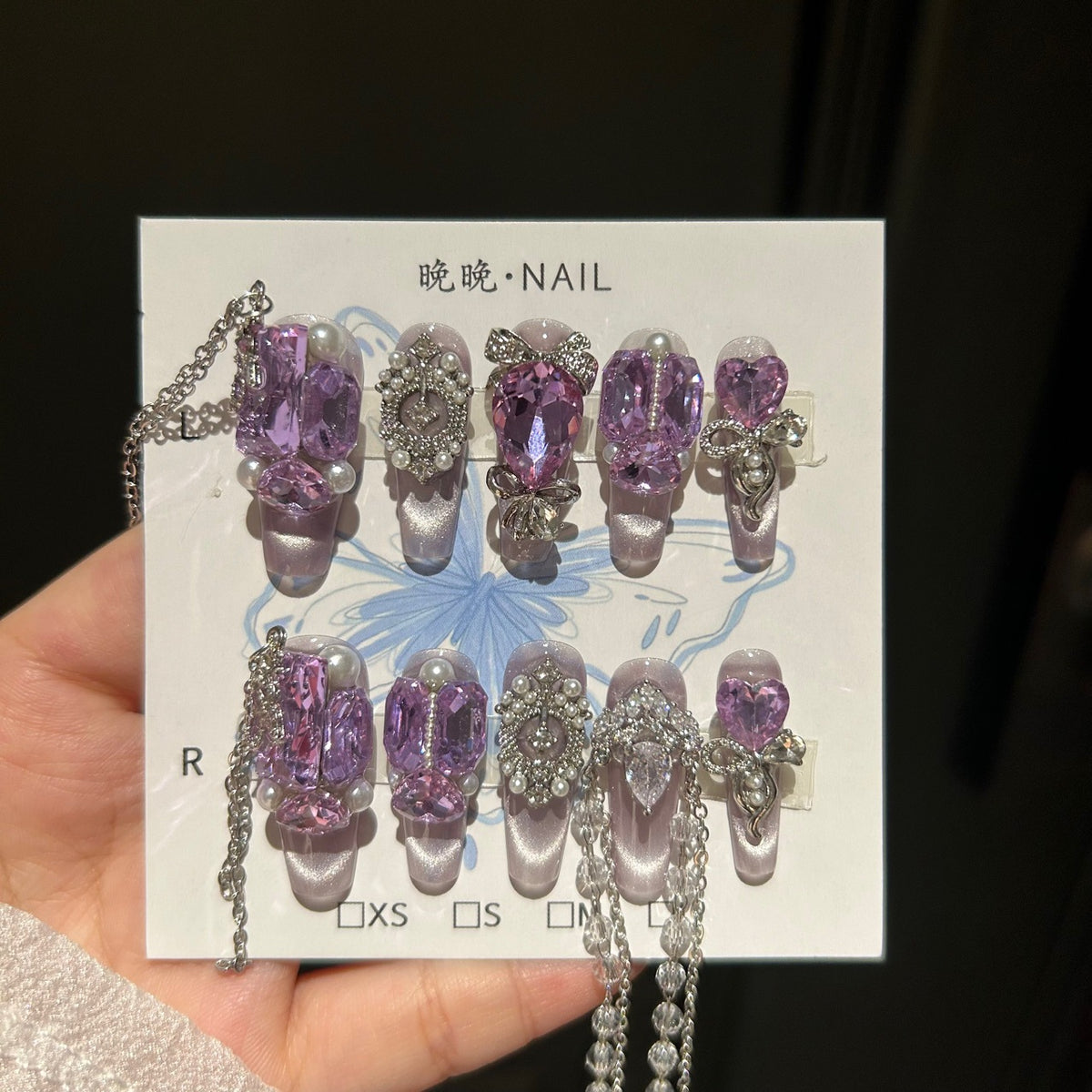 Handmade Light Purple Cat Eye Long Coffin Press On Nails with Large Purple Crystal & Pearl Bow Charms