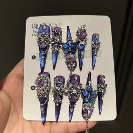Handmade Purple Blue Chrome Long Stiletto Press On Nails with Large Purple Heart Crystals, Blue Butterfly Charms, Pearls & Dangling Silver Chains