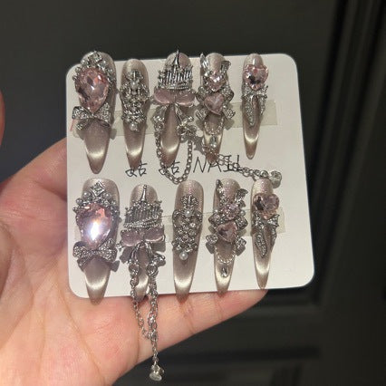 Handmade Nude Pink Cat Eye Press On Nails, Long Stiletto Fantasy Princess False Nails with Giant Pink Heart Rhinestones, Silver Castle Charms, Rhinestone Bows, Pearls & Dangling Silver Chains, Reusable Fake Nails for Wedding, Party & Cosplay