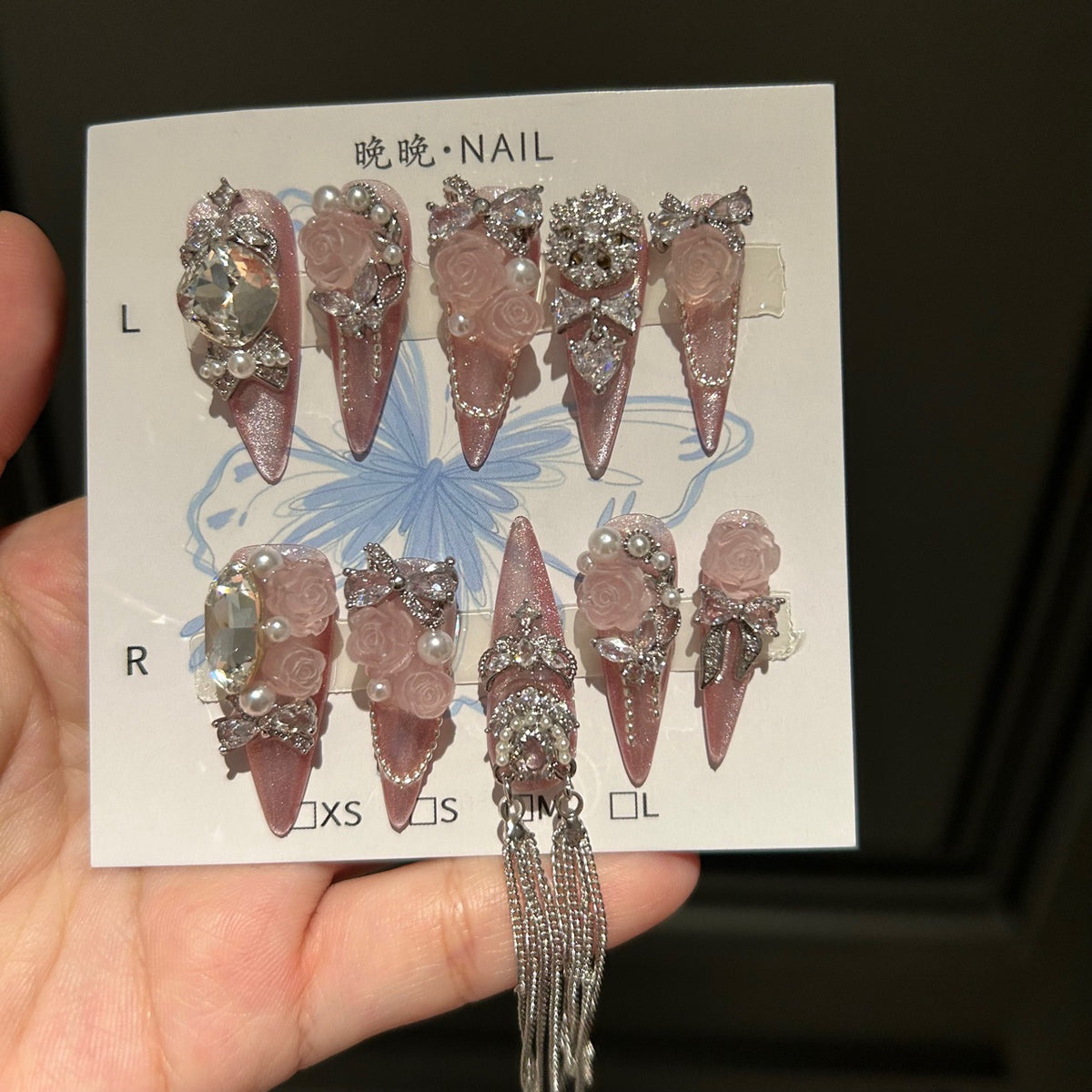 Handmade Dusty Pink Cat Eye Long Stiletto Press On Nails with Frosted 3D Pink Roses, Big Rhinestones, Pearl Accents & Long Silver Tassel Chains