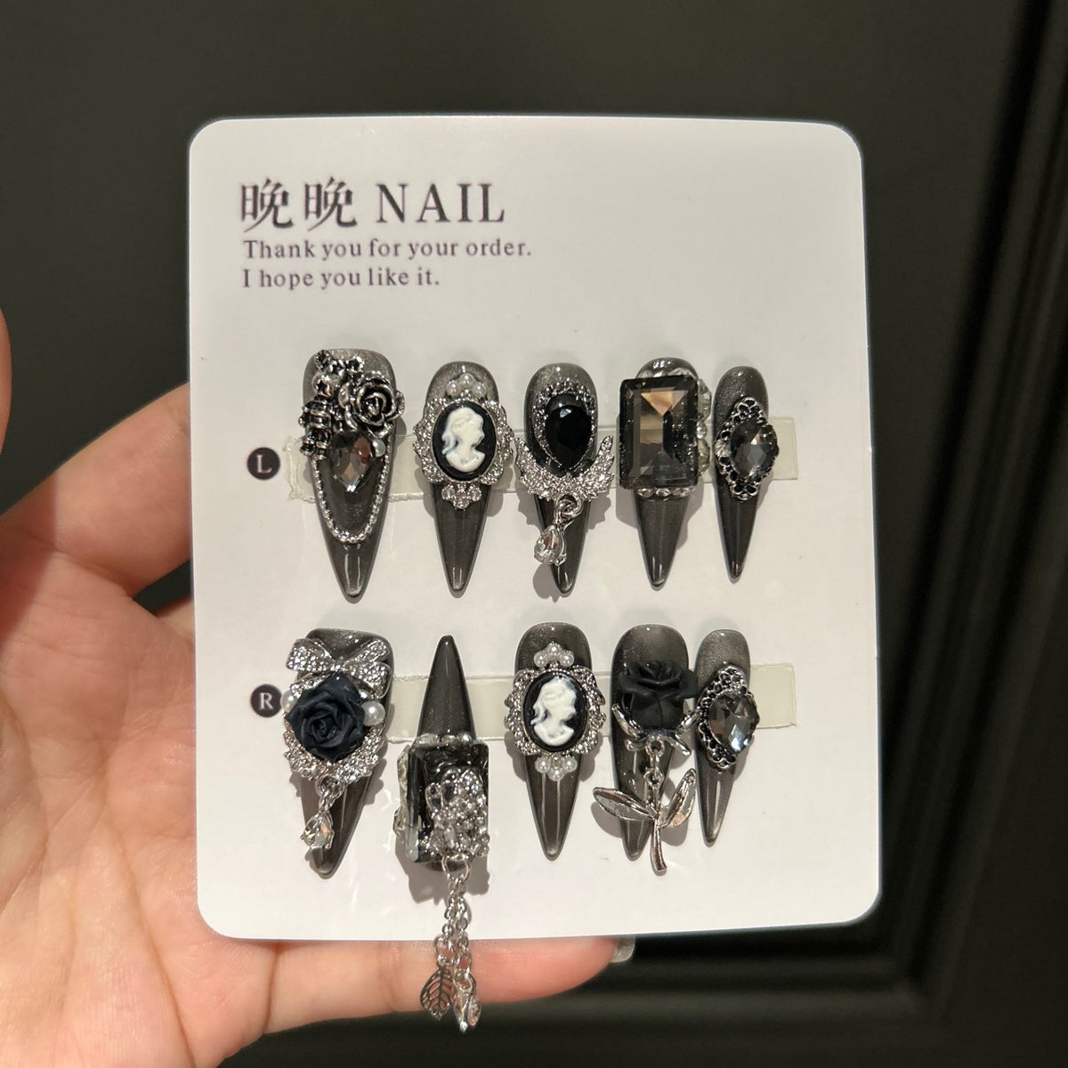 Handmade Black Gothic Cameo Portrait Long Stiletto Press On Nails with Black Roses & Rhinestone Chains