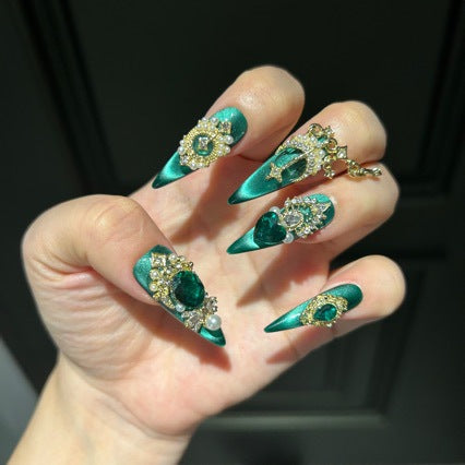 Handmade Emerald Green Cat Eye Press On Nails | Luxury White Cat Eye & 3D Butterfly Reusable Fake Nails, Heavy Industry Rhinestone Art