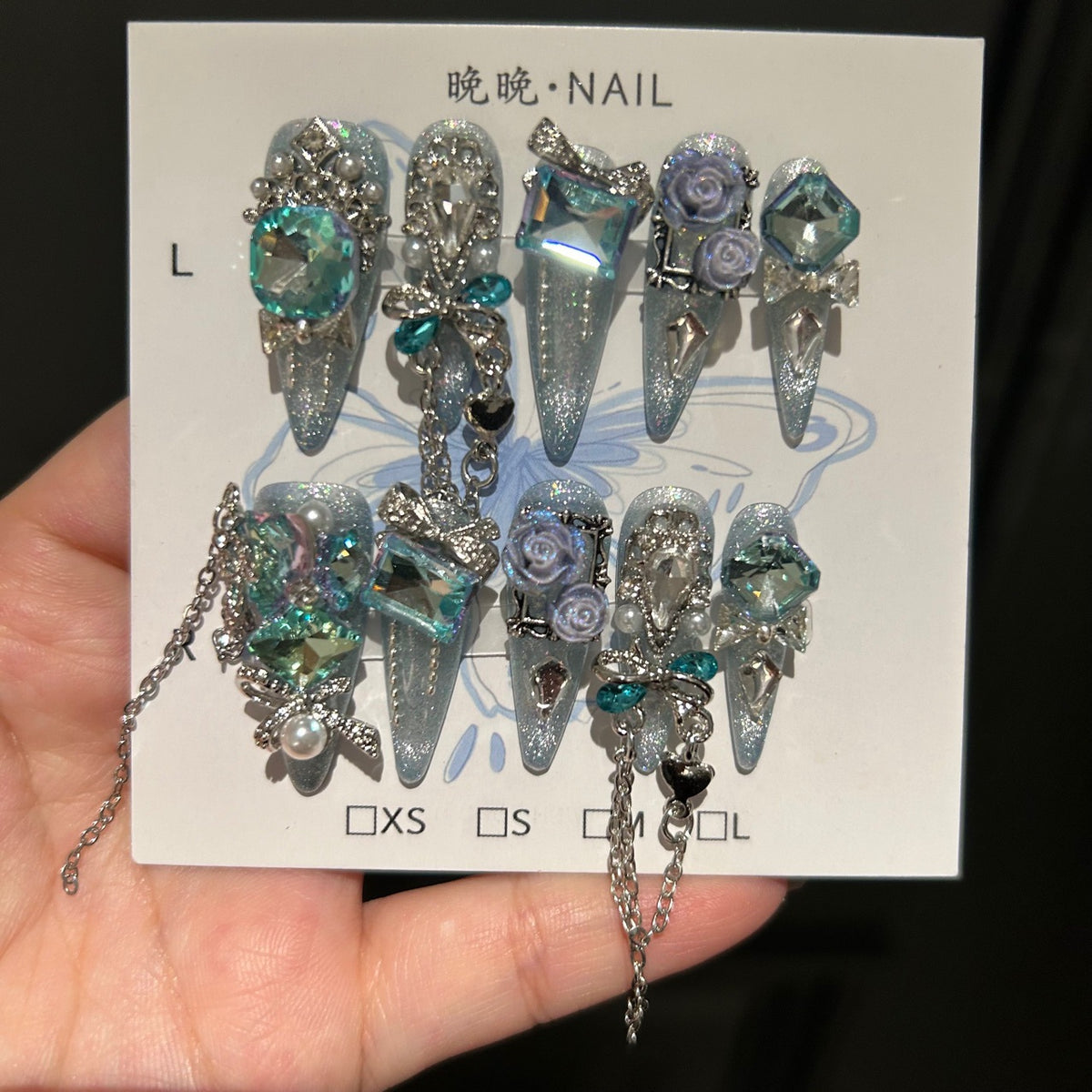 Handmade Light Blue Glitter Purple Rose Long Stiletto Press On Nails with Teal Crystals & Dangling Chains