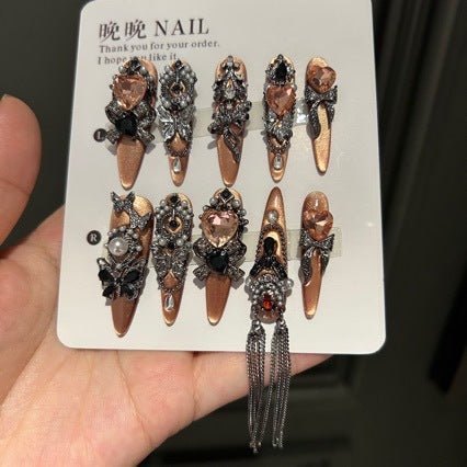Handmade Bronze Metallic Butterfly Long Stiletto Press On Nails with Peach Heart Crystals & Tassel Chains
