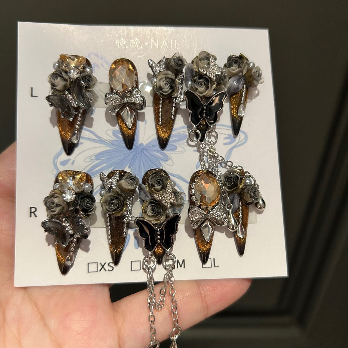 Handmade Golden Cat Eye Long Stiletto Press On Nails with 3D Smoky Roses, Black Butterfly Charms, Amber Crystals & Hanging Chains