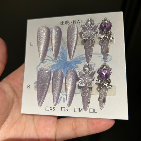 Handmade Lavender Cat Eye Press On Nails, Long Stiletto Fairy False Nails with 3D White Butterfly, Large Purple Heart Rhinestone, Pearls & Dangling Chain, Reusable Fake Nails for Wedding & Party