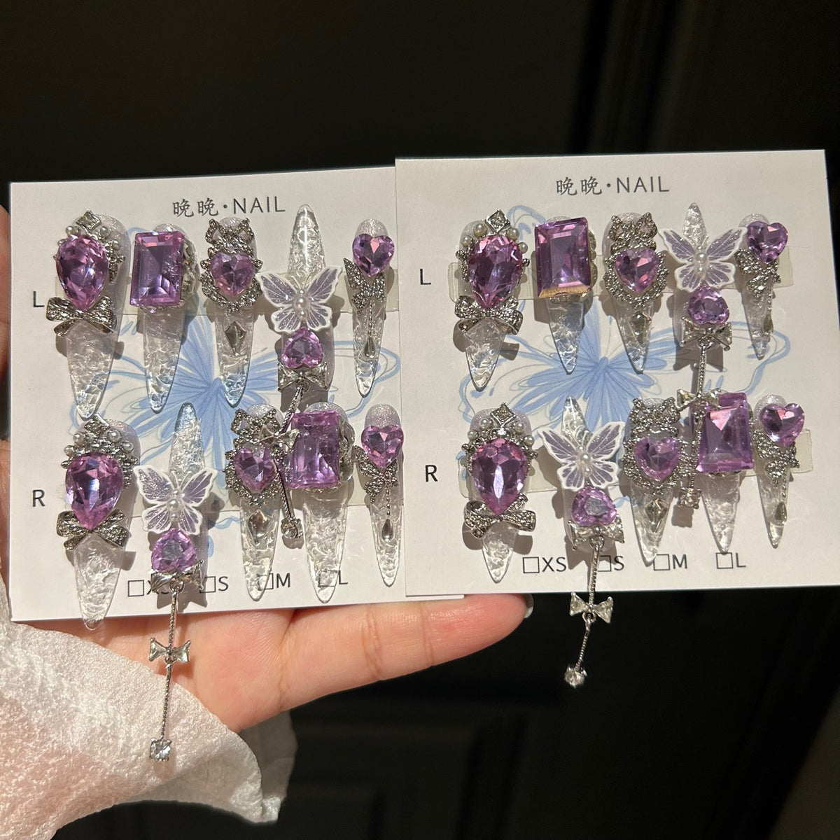 Purple Crystal Cat Eye Stiletto Press-on Nails with 3D Butterfly, Rhinestone, and Hanging Chain Charms - Luxury Fairy Fake Nail Set