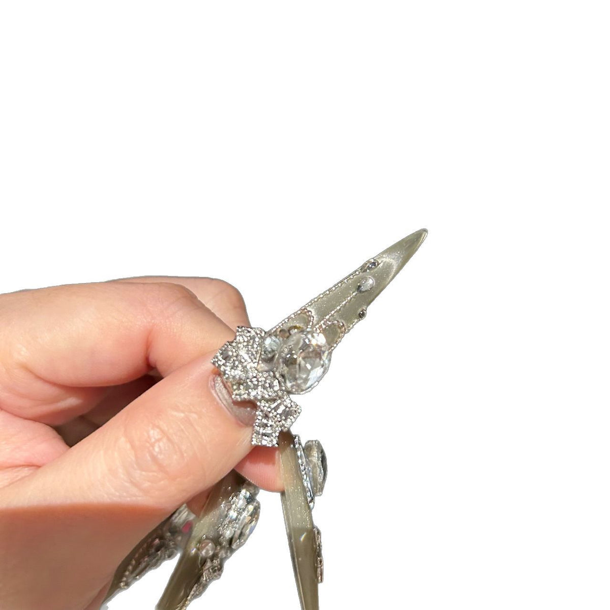 Handcrafted Designer Silver Press-on Nails - Shimmering Cat Eye Base with Heavy 3D Rhinestones, Large Crystals and Pearl Edging