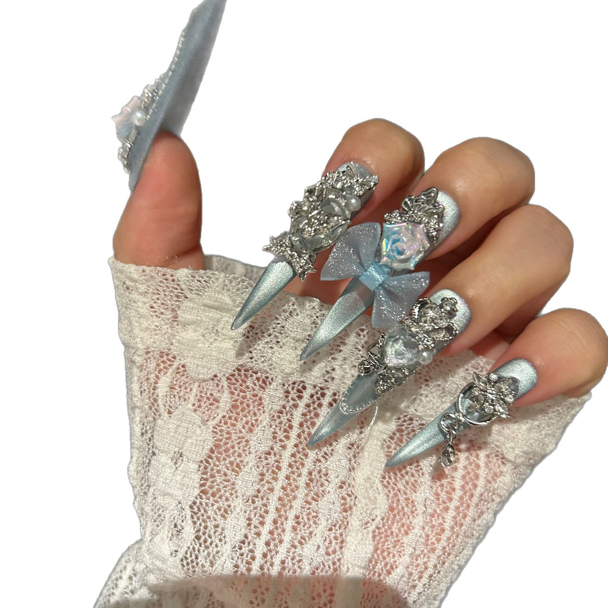 Handmade Ice Blue Cat Eye Long Stiletto Press On Nails with Iridescent 3D Roses, Glitter Bows, Butterfly Rhinestones, Pearls & Dangling Silver Chains